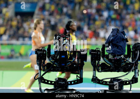 Rio de Janeiro, Brazil. 17 August 2016.  Athletics, TV cameras track the Women's 200m finals at the 2016 Olympic Summer Games. ©Paul J. Sutton/PCN Pho Stock Photo