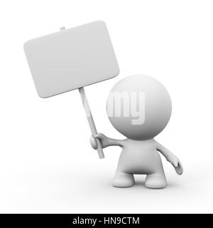 3d human character holding a blank sign in front of a white background Stock Photo