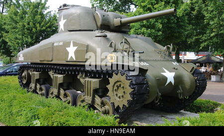 Sherman M4A1 76w Tank mounted on display plinth, Stock Photo
