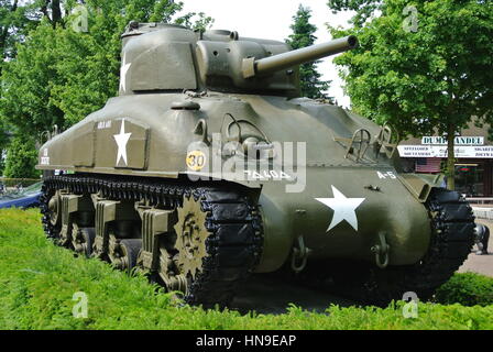 Sherman M4A1 76w Tank mounted on display plinth, Stock Photo