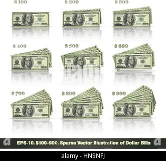 Sparse vector illustration of dollar bills presented in stacks of 100 to 900 dollars. EPS-10, all icons, signs and texts except the value numbers are  Stock Vector