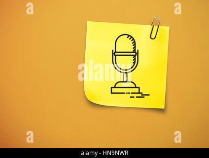 Digital composite of Sticky Note with Microphone Icon against orange background Stock Photo