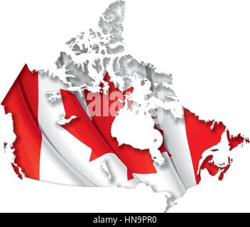 Canadian map cut-out, highly detailed on the edge's shading, with a waving flags underneath. The Settle thickness on the cut-out border follows the in Stock Vector