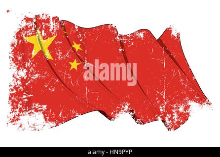 Grunge Vector Illustration of a waving Chinese flag. All elements neatly organized. Texture, Lines, Shading & Flag Colors on separate layers for easy  Stock Vector