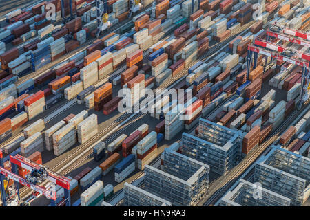 Los Angeles, California, USA - August 16, 2016:  Afternoon aerial view of cargo shipping containers stacked on docks.