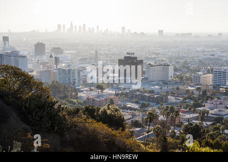 Hollywood, California, USA - January 1, 2015:  Smoggy haze filled morning sky above Hollywood and downtown Los Angeles in Southern California. Stock Photo