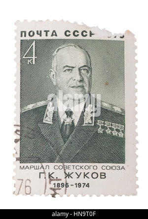 stamp printed in USSR Russia shows portrait of Zhukov, with in Stock Photo
