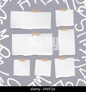 Ripped white note, notebook, copybook paper sheets on pattern created of alphabet letters Stock Vector