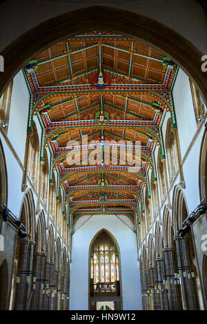 15th century Gothic wooden painted angel roof, restored in 1963, of the Church of St Cuthbert, Wells, Somerset, England Stock Photo