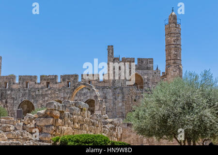 Tower of David also known as an ancient Citadel located near the Jaffa Gate entrance to western edge of the Old City Jerusalem, Israel. Stock Photo
