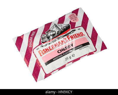 A 25g Packet of Cherry Flavoured Sugar Free Fisherman's Friends Isolated on a white background Stock Photo