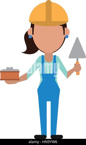woman construction with brick and spatula Stock Vector
