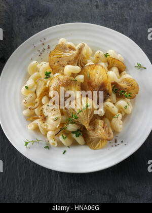 Sauteed Yellow Oyster mushroom with Cavatappi pasta Stock Photo