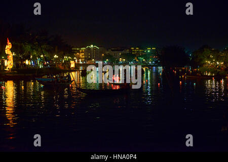 Floating candles on the Thu Bon River during the full moon festival, Hoi An, Vietnam Stock Photo