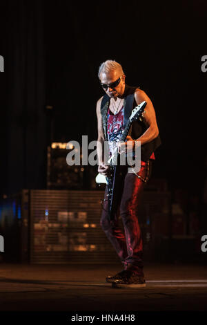 DNIPROPETROVSK, UKRAINE – OCTOBER 31: Rudolf Schenker from Scorpions rock band performs live at Sports Palace SC 'Meteor'. 'Final tour'concert on October 31, 2012 in DNIPROPETROVSK, UKRAINE Stock Photo