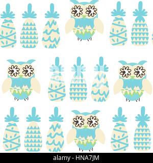 Owls and pineapples  fantasy colorful seamless pattern. It is located in swatch menu, vector. Cute colorful background Stock Vector