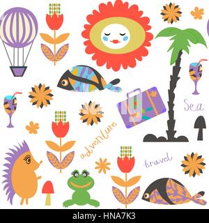 Travel fantasy colorful seamless pattern. It is located in swatch menu, vector. Cute colorful background in odd style. Stock Vector