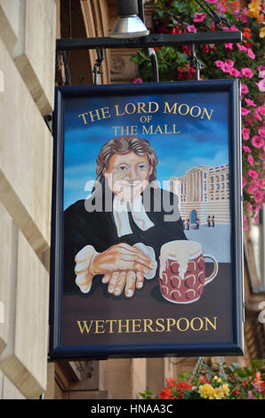 The Lord Moon of the Mall Wetherspoon pub sign, Whitehall, London, UK. Stock Photo