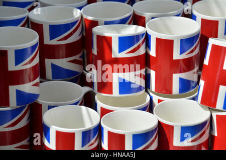 Union Jack mugs in a tourist souvenir shop, London, UK. Stock Photo