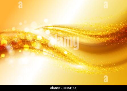 Smooth light gold waves lines and Lens Flares vector abstract background. Bokeh effect Stock Vector