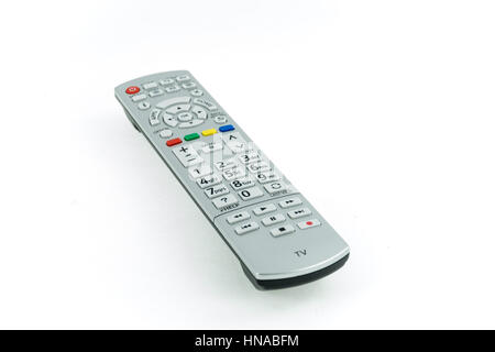 Modern silver high-end TV controller isolated over white background Stock Photo