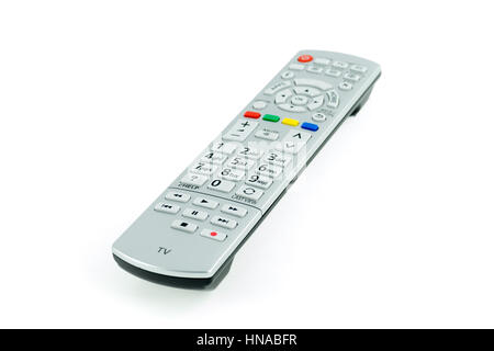 Modern silver high-end TV controller isolated over white background Stock Photo