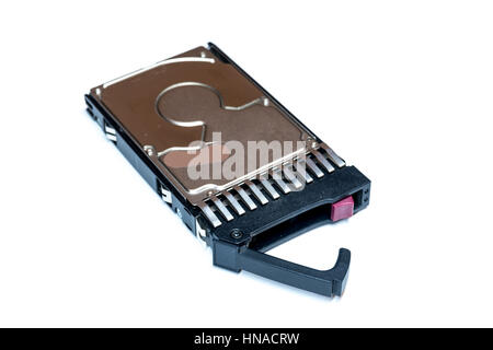 Close up of hot plug SAS computer disk drive HDD in tray isolated on white background Stock Photo