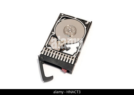 Close up inside of hot plug SAS computer disk drive HDD in tray isolated on white background Stock Photo