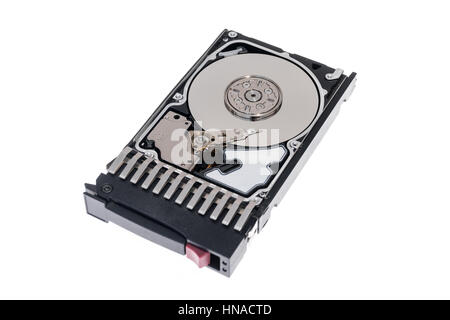 Close up inside of 2.5' hot plug SAS computer disk drive HDD in tray isolated on white background Stock Photo