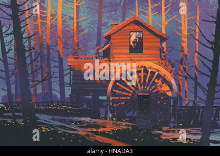 wooden house with a waterwheel in forest at sunset,illustration painting Stock Photo