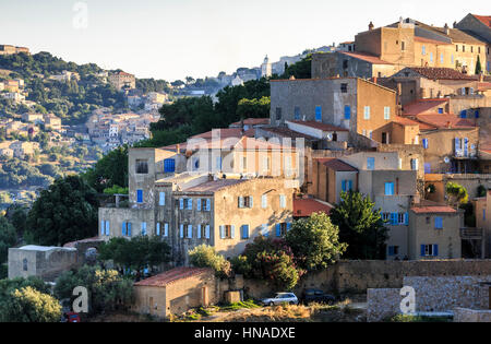 view of the hilltop village of Pigna with Santa-Reparata-di-Balagna in the background, The Balagne,Corsica, France Stock Photo