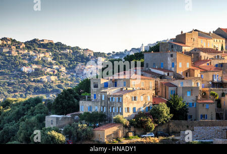 view of the hilltop village of Pigna with Santa-Reparata-di-Balagna in the background, The Balagne,Corsica, France Stock Photo