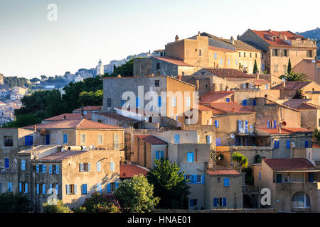 view of the hilltop village of Pigna with Santa-Reparata-di-Balagna in the background, The Balagne,Corsica, France Stock Photo