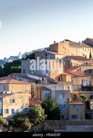 view of the hilltop village of Pigna with Santa-Reparata-di-Balagna in the background, The Balagne,Corsica, France Stock Photo