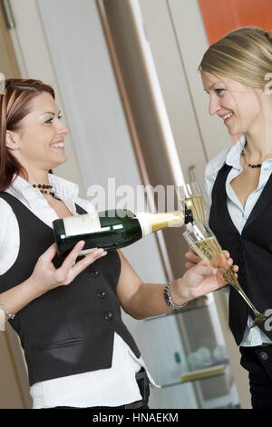 Zwei junge Frauen trinken gemeinsam Sekt - two young women drinking sparkling wine Stock Photo