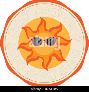 circular border with sun cartoon with glasses vector illustration Stock Vector