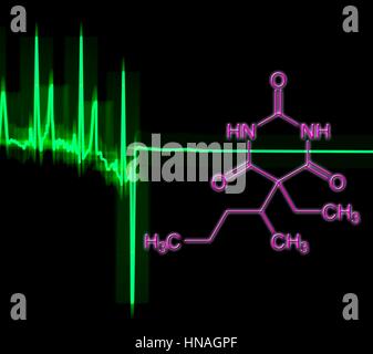 Computer artwork of an ECG (electrocardiogram) trace from an unhealthy human heart. The waves are irregular and then stop (flatline) indicating cardiac arrest. The pentobarbital barbiturate drug structure (magenta) on the right is indicating it's use in capital punishment executions and assisted suicides. Stock Photo