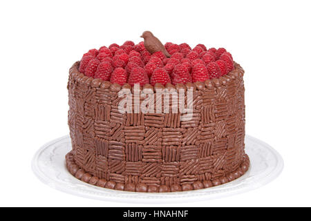 Home made original design chocolate cake with fresh raspberries and molded chocolate candy bird topper. Number 5 tip lines in pattern design pipped on Stock Photo