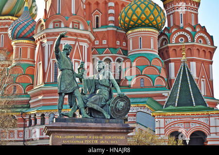 Statue of Kuzma Minin and Dmitry Pozharsky in front of St. Basil Cathedral - Red Square in Moscow. Stock Photo