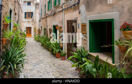 charming mediterranean street of old town Valldemossa on Mallorca, Spain Stock Photo