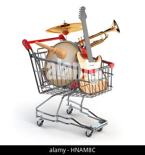 Stack pile collage of various musical instruments in shopping cart
