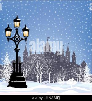 Winter holiday snow city background. Merry Christmas greeting card. Snowy castle in park wallpaper. Stock Vector