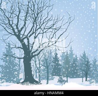 Christmas snow landscape wallpaper. Snowy forest background. Tree without leaves over snow.  Winter garden. Stock Vector