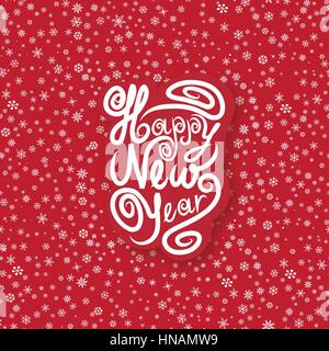 Christmas greeting card over snowflakes seamless pattern. Snow background. Happy New Year wallpaper. Stock Vector