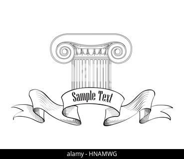 Classic column icon. Roman ionic column architectural label. Sketch illustration on white background. Stock Vector