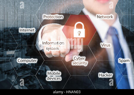 businessman pressing security button on virtual screens for internet and network security. Business, technology, internet and networking concept. Stock Photo