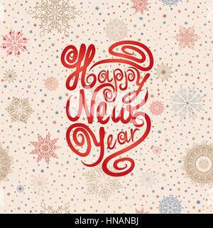 Christmas greeting card over snowflakes seamless pattern. Snow background. Happy New Year wallpaper. Stock Vector