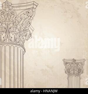 Classic columns seamless background. Roman corinthian column. Illustration onold paper background for design sketch Stock Vector