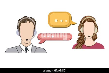 Call center concept with man and woman in headset. Vector icon set. Customer service avatar. Stock Vector
