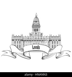 Travel England sign. Leeds Rathaus, UK, Great Britan. English city famous building. Vector label isolated. Stock Vector